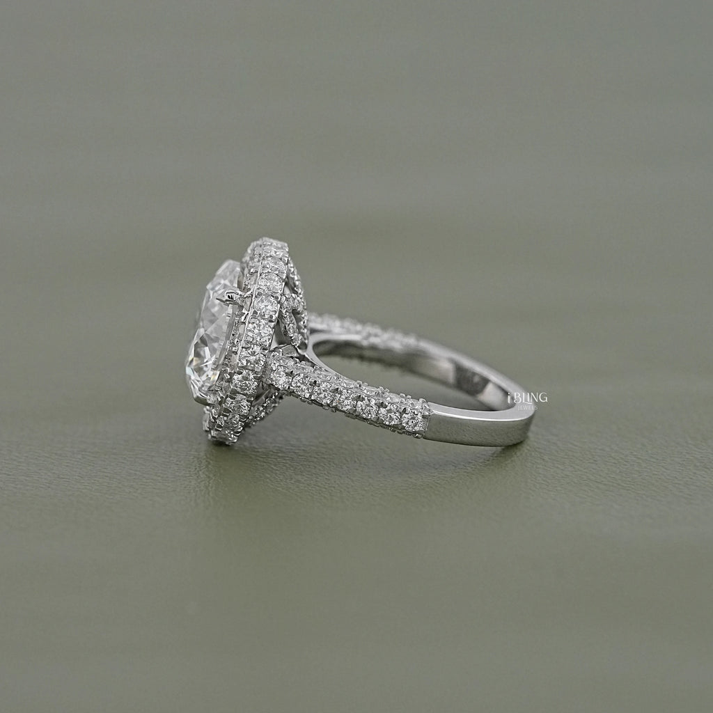 Double Halo Round Diamond Pave Set Ring