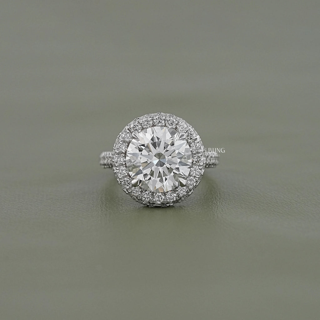 Double Halo Round Diamond Pave Set Ring