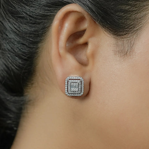 Round & Baguette Diamond Cluster Stud Earring