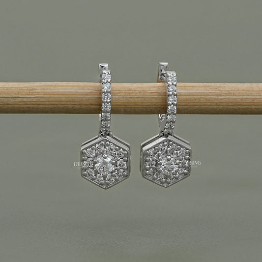 Round Diamond Halo Set Dangle Hoop Earrings