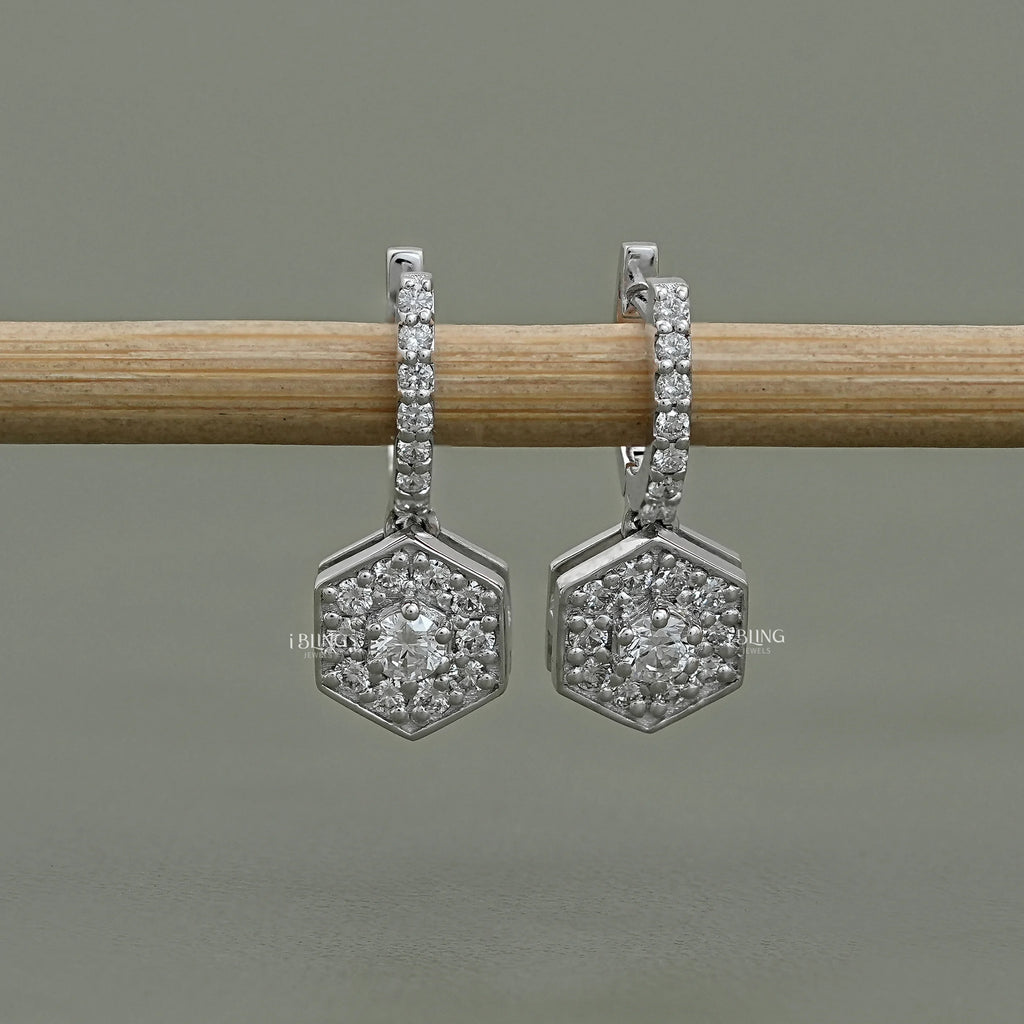 Round Diamond Halo Set Dangle Hoop Earrings