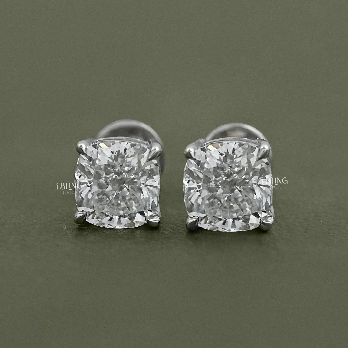 Front view of iBling Jewels cushion cut diamond studs, a perfect fine jewelry choice for her.