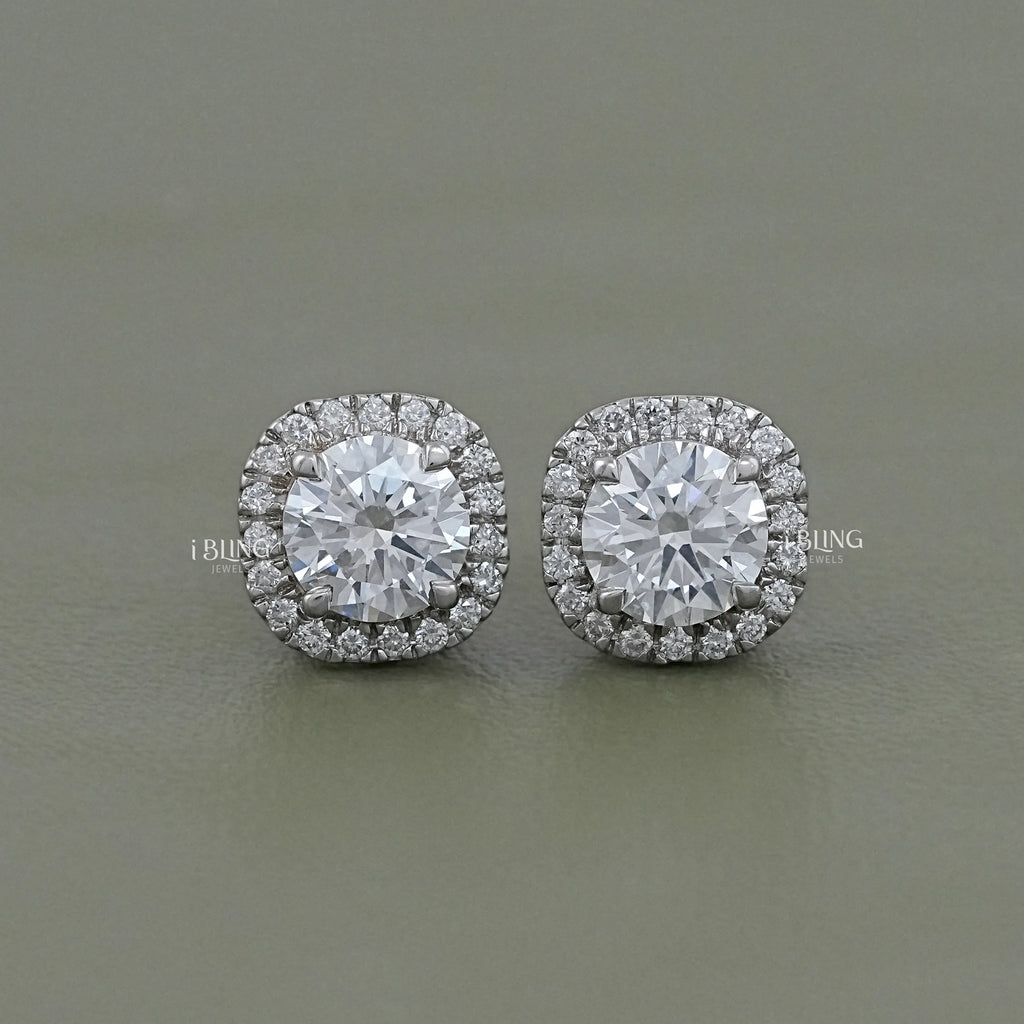 Round Cut Lab Diamond Halo Stud Earrings