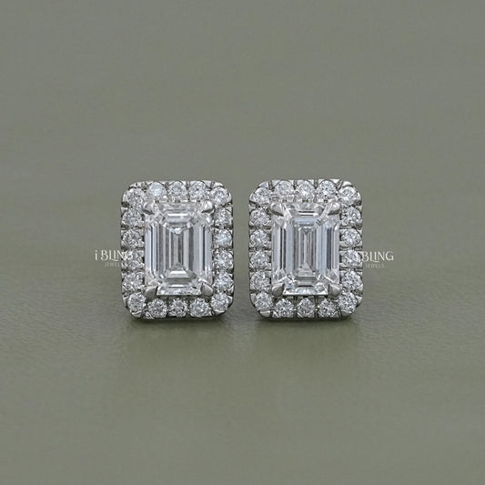 Lab Grown Emerald Cut Halo Stud Earrings