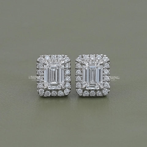 Lab Grown Emerald Cut Halo Stud Earrings