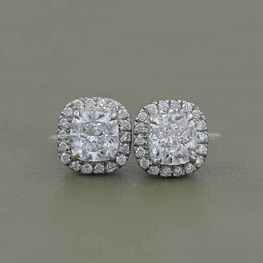 Cushion Cut Lab Diamond Halo Stud Earrings Stud