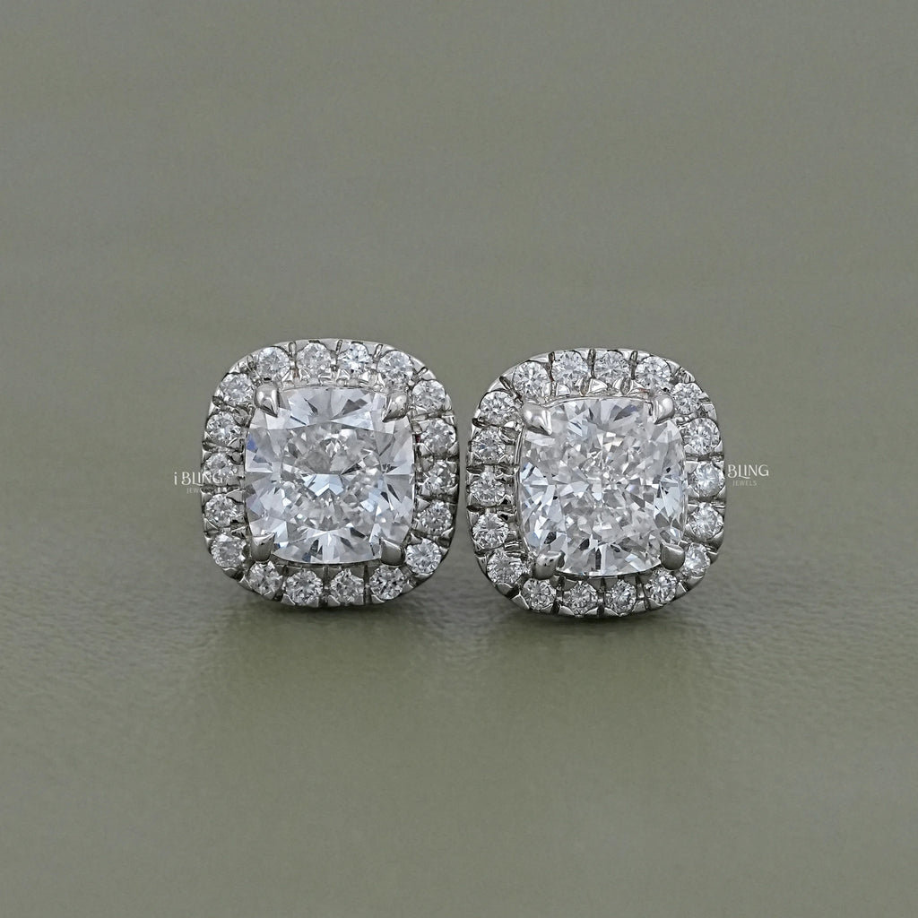Cushion Cut Lab Diamond Halo Stud Earrings