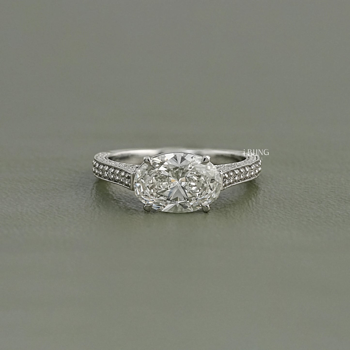 East-West Oval Cut Hidden Halo Pave Ring Halo Ring