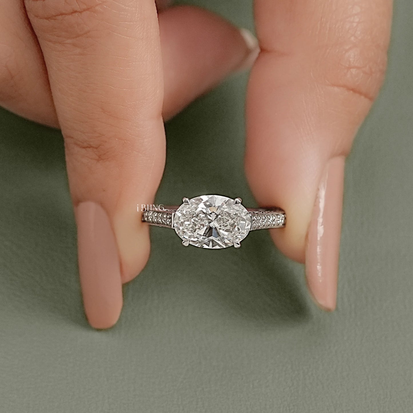 East-West Oval Cut Hidden Halo Pave Ring Halo Ring
