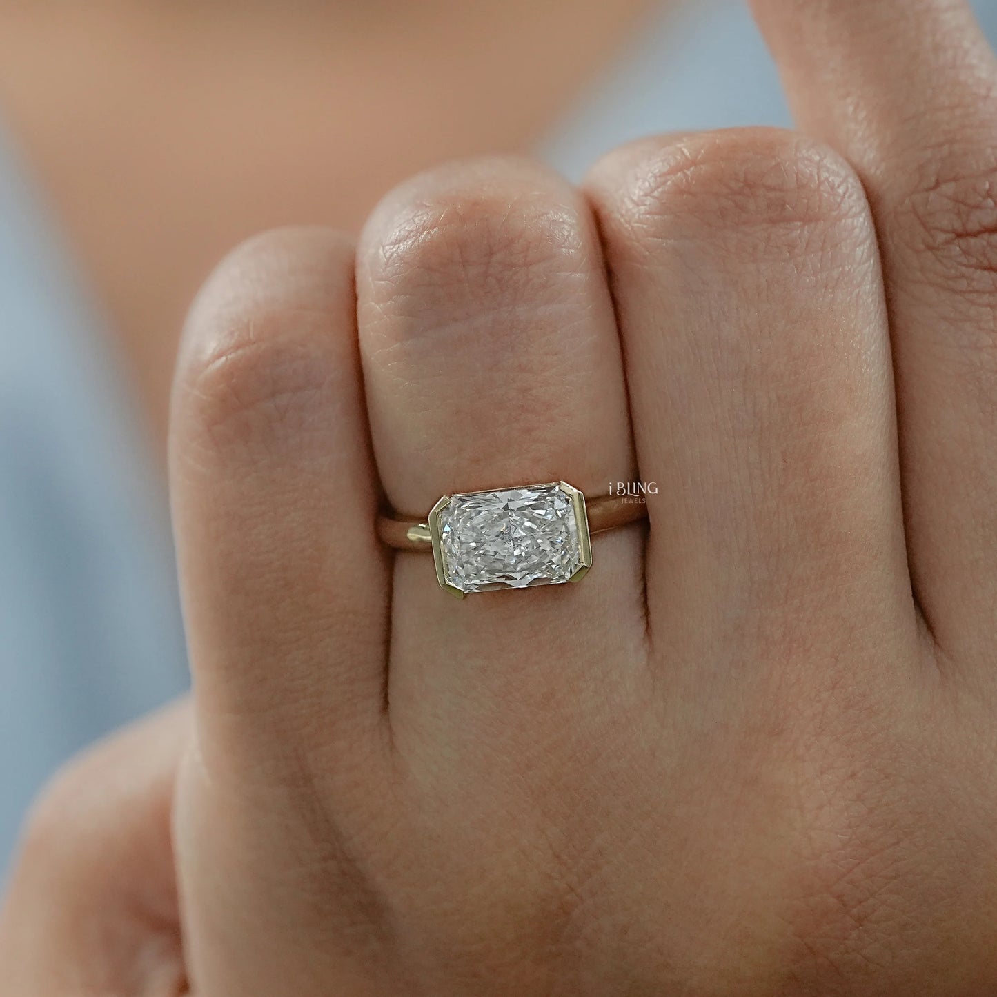 Radiant Cut East West Half Bezel Set Engagement Ring Solitaire Ring