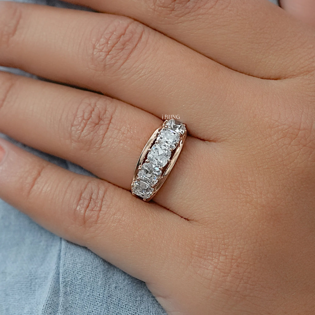 Old Mine Cushion Diamond Split Shank Five Stone Band