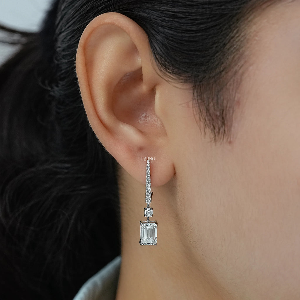Emerald And Round Diamond Drop Earrings