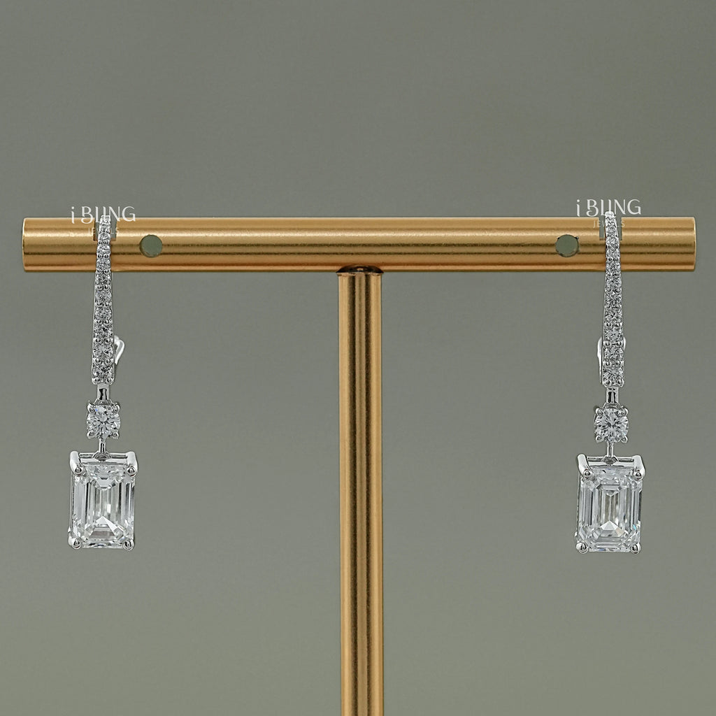 Emerald And Round Diamond Drop Earrings