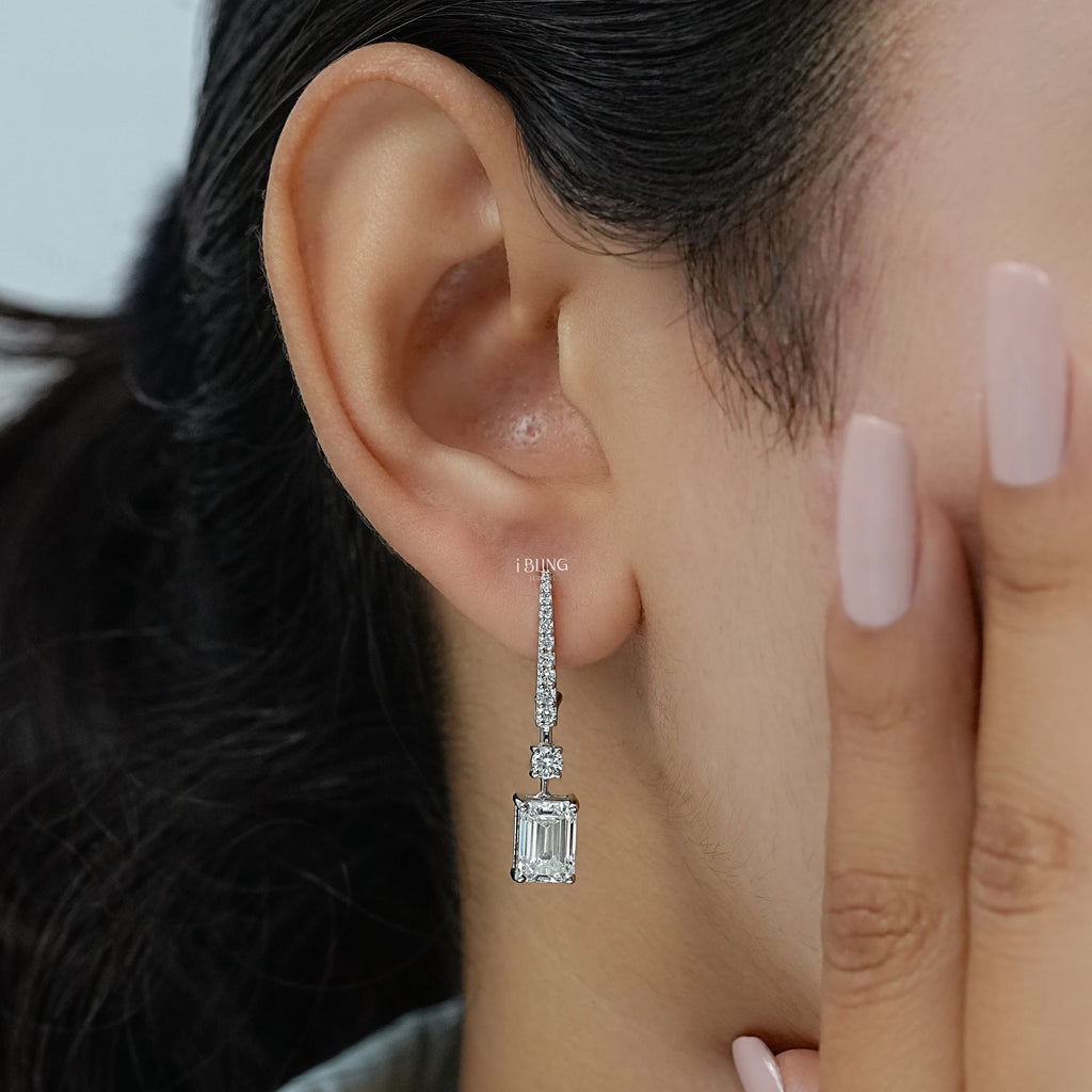 Emerald And Round Diamond Drop Earrings