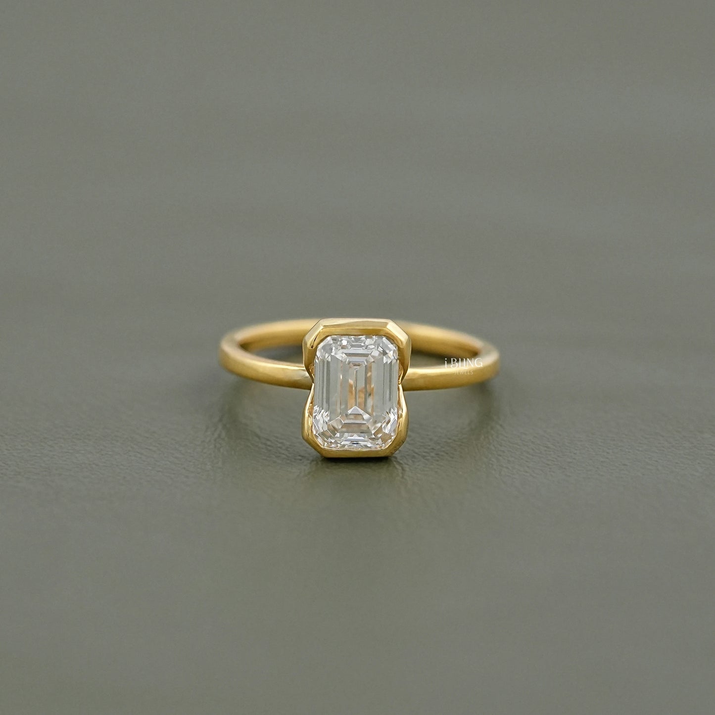 Bezel Set Emerald Cut Lab Diamond Engagement Ring