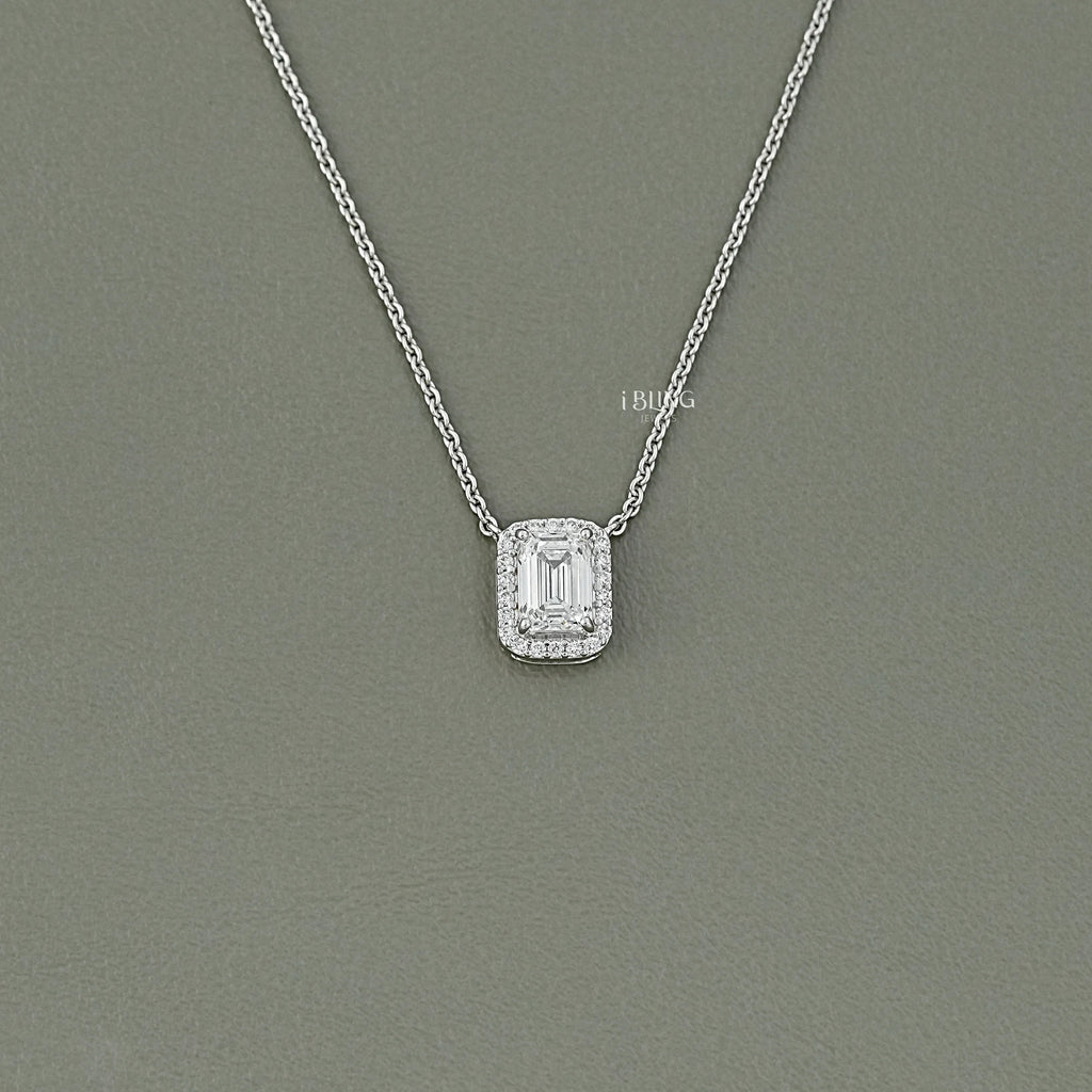 Emerald Cut Diamond Halo Pendant