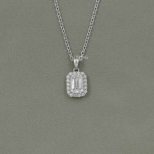 Emerald Cut Lab Grown Diamond Halo Necklace Pendants