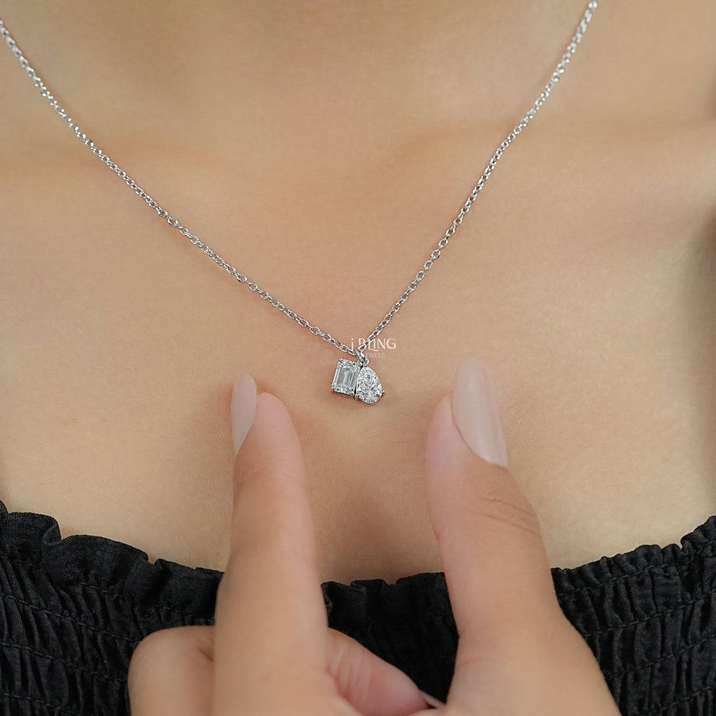 Pear & Emerald Cut Lab Grown Diamond Toi Et Moi Necklace