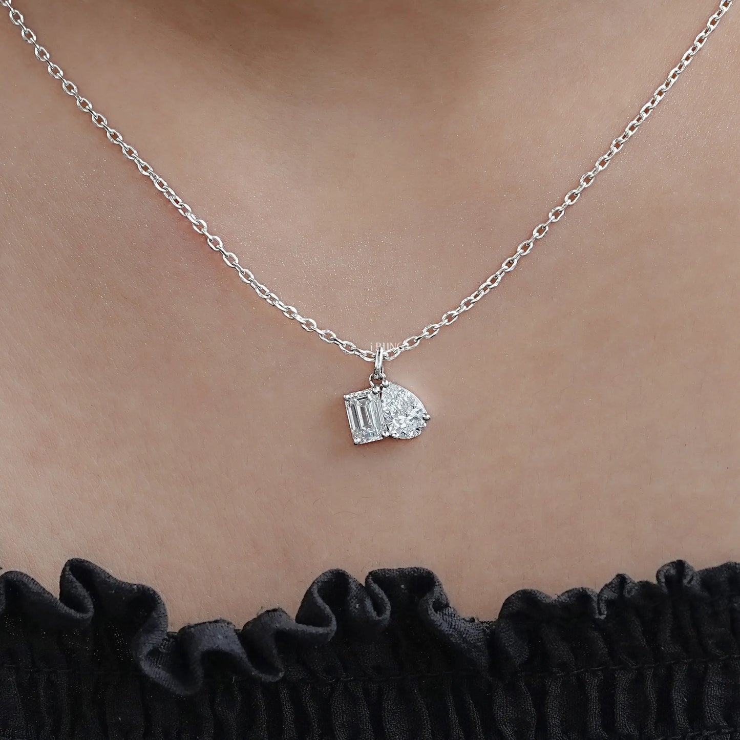 Two Stone Emerald & Pear Lab Diamond Necklace