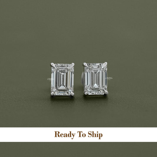Emerald Cut Lab Grown Diamond Screw Back Earrings Stud