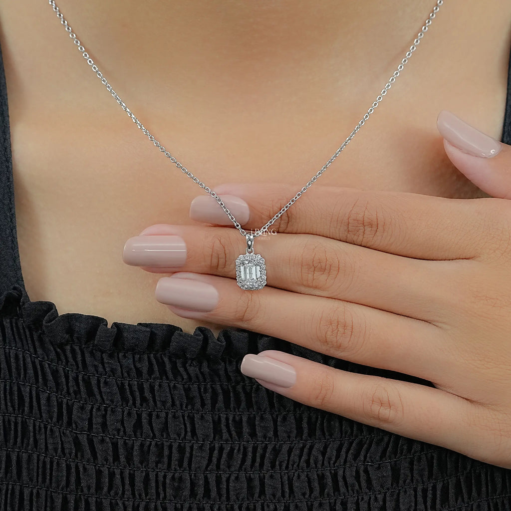 Emerald Cut Lab Grown Diamond Halo Necklace