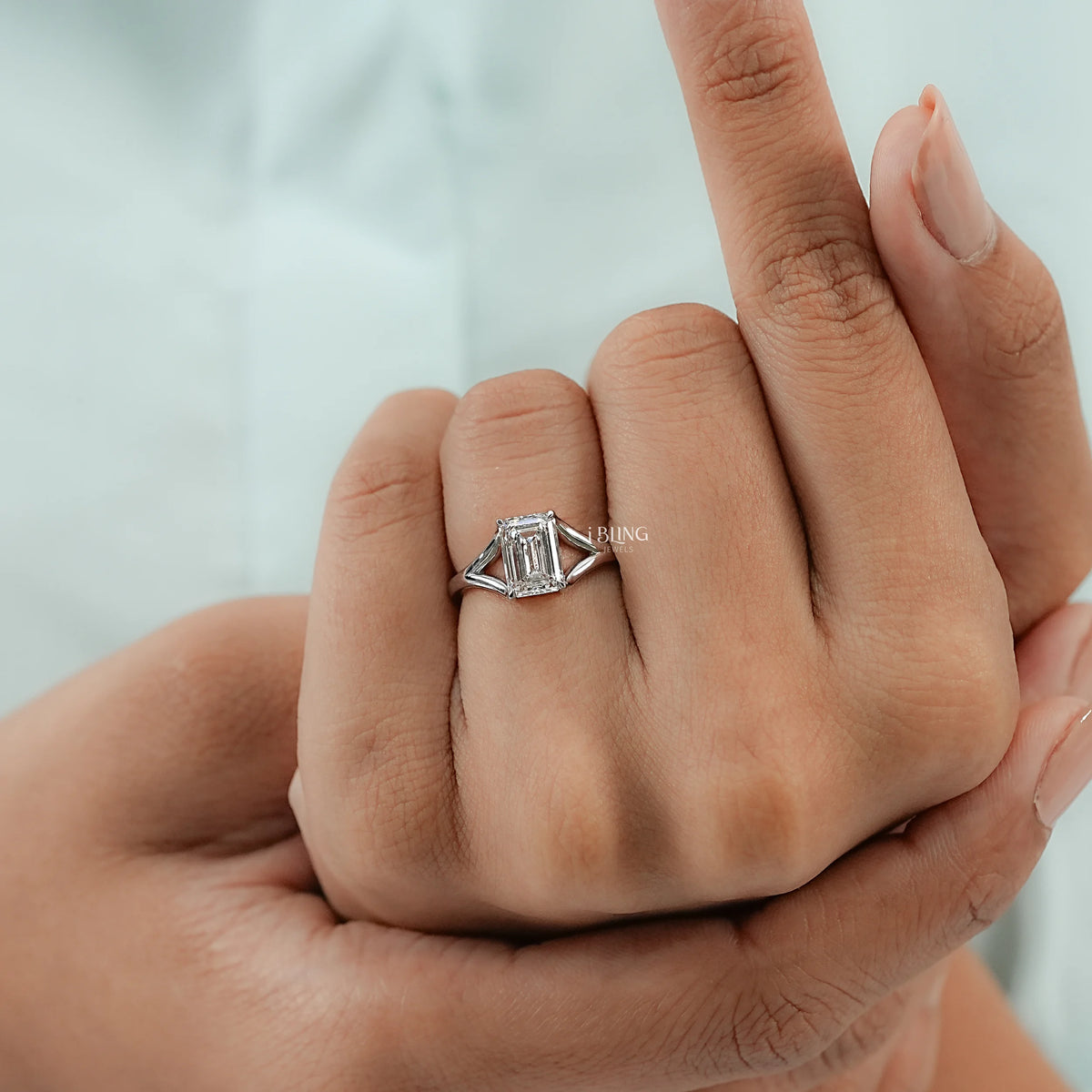 Emerald Cut Lab Diamond Solitaire Split Shank Ring