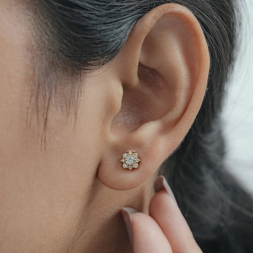 Round Lab Diamond Floral Style Halo Stud Earrings