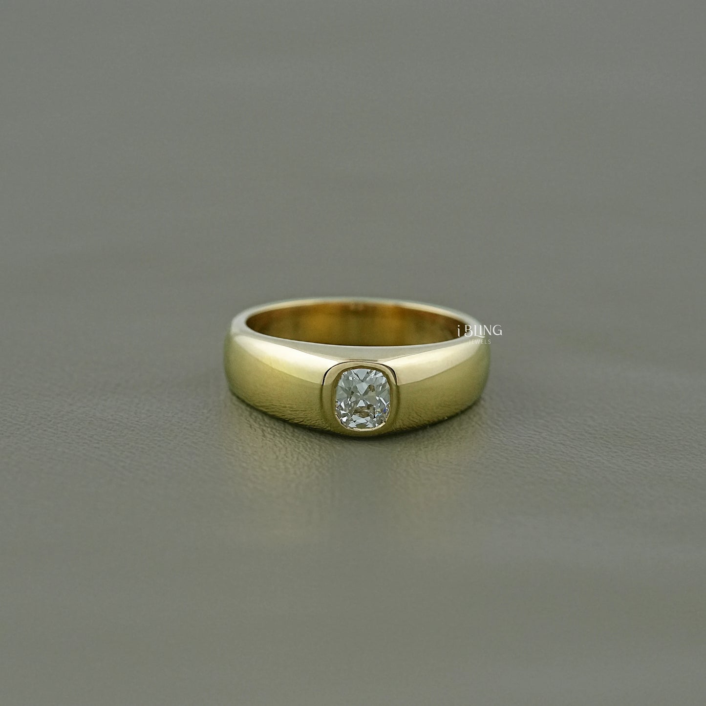 iBling Jewels flush setting engagement ring with a rare old mine cut diamond in yellow gold.