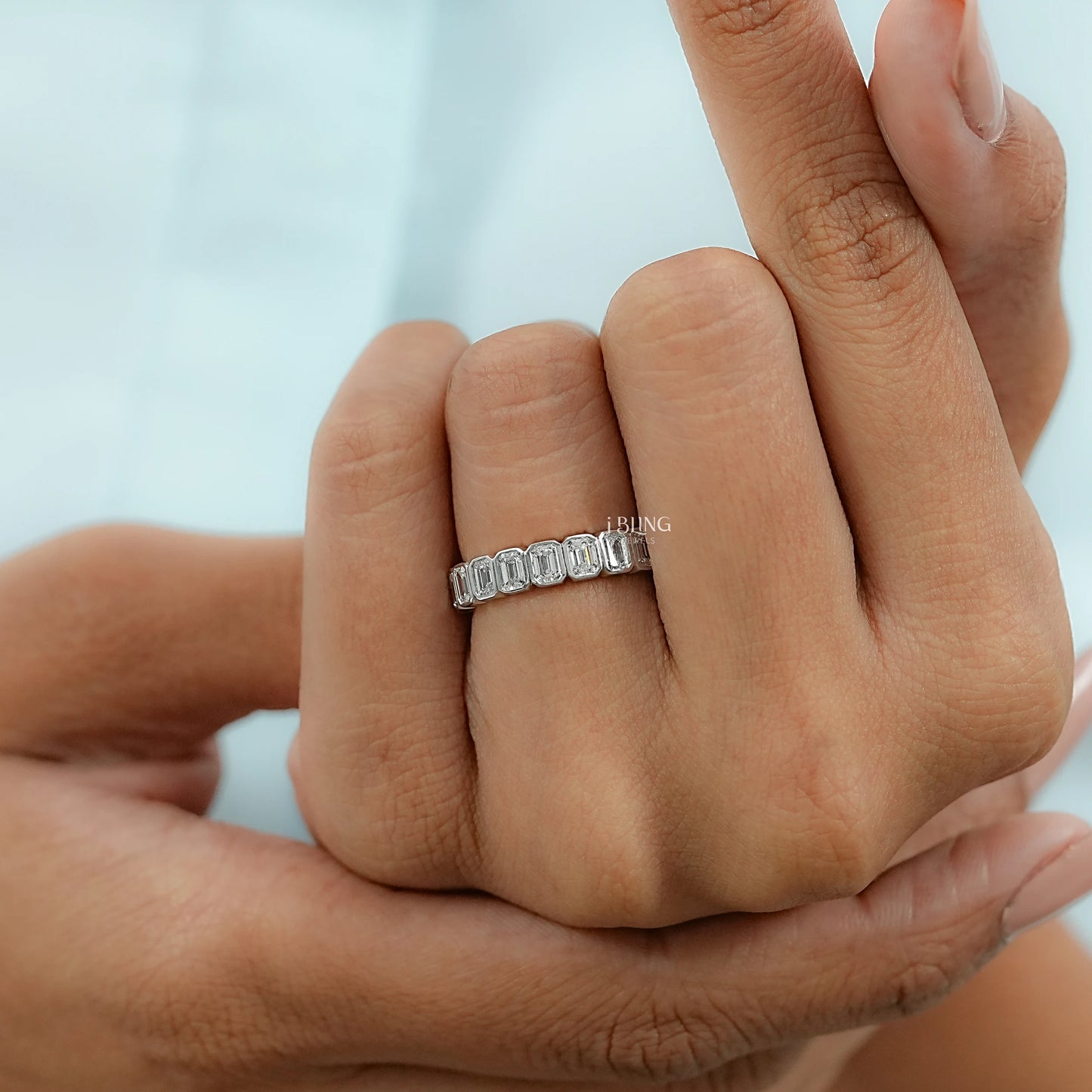 Emerald Cut Lab Diamond Bezel Set Full Eternity Band Band