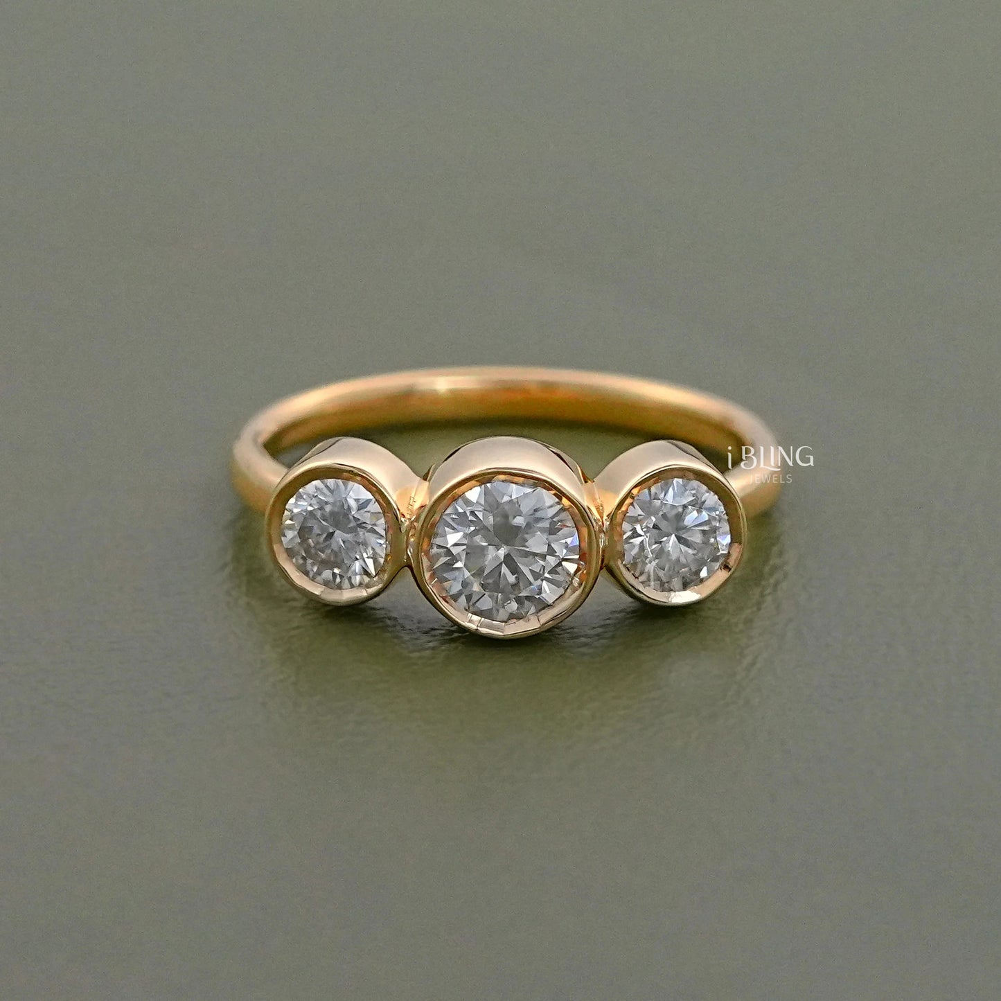 Three Stone Round Lab Diamond Bezel Set Engagement Ring
