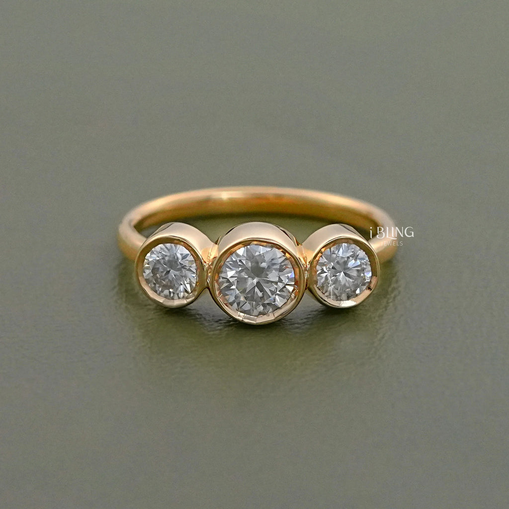 Three Stone Round Lab Diamond Bezel Set Engagement Ring