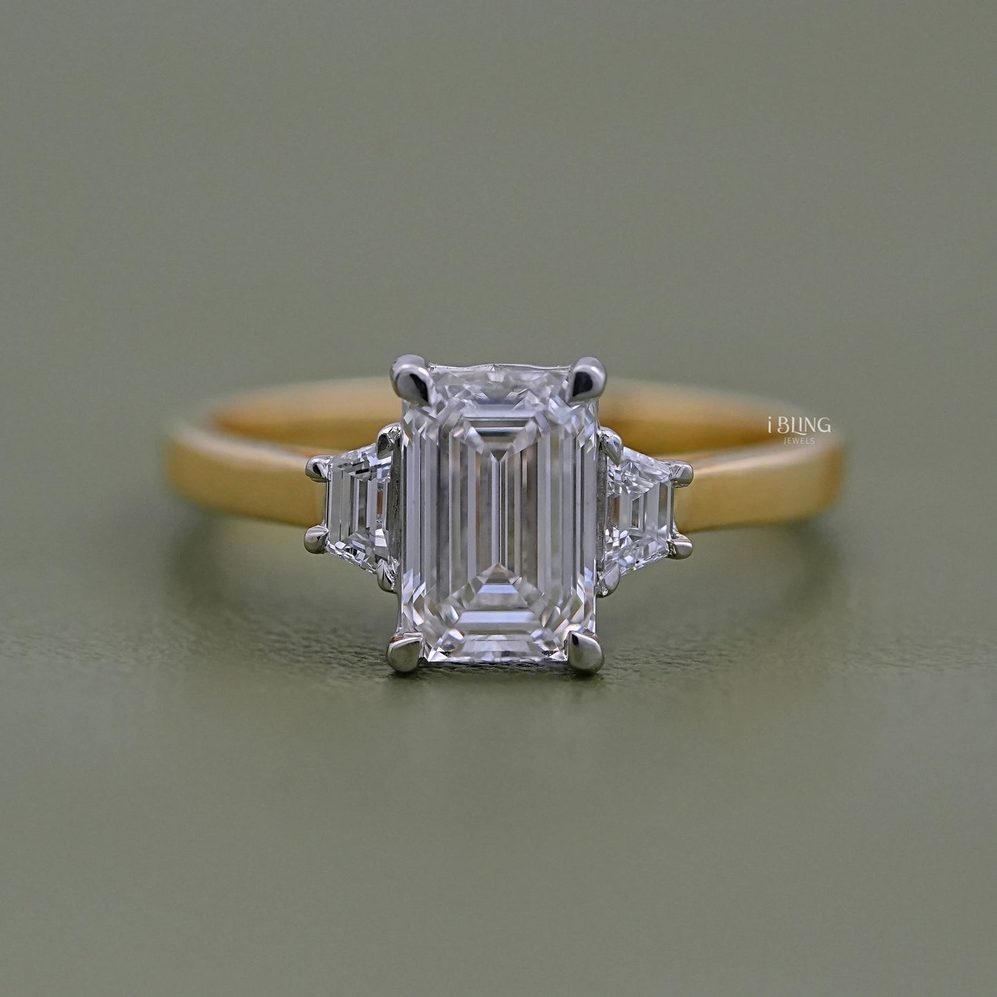 Three Stone Emerald Cut Engagement Ring Solitaire Ring