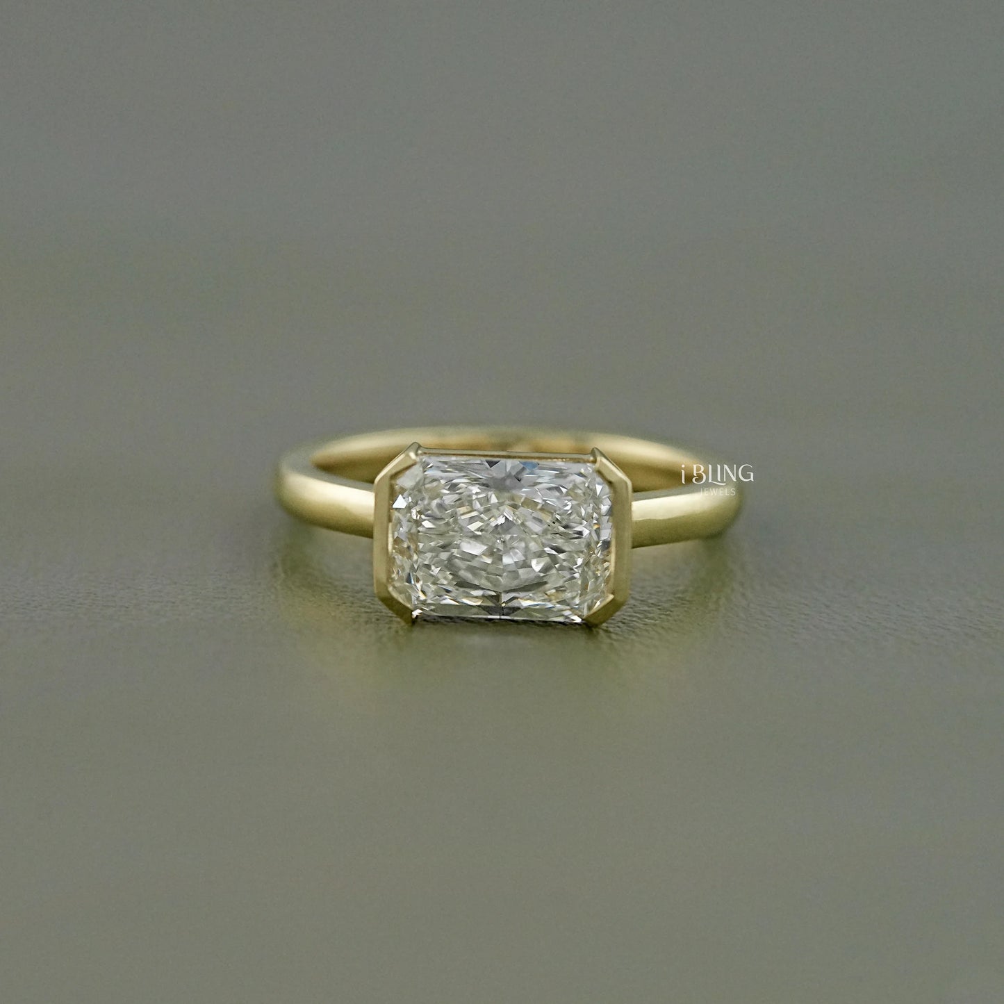 Radiant Cut East West Half Bezel Set Engagement Ring Solitaire Ring
