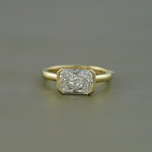 Radiant Cut East West Half Bezel Set Engagement Ring Solitaire Ring