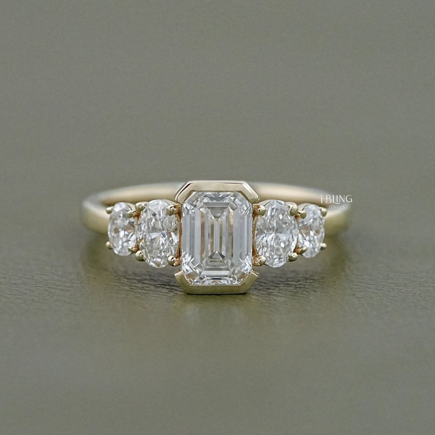Half Bezel Set Emerald And Oval Five Stone Engagement Ring 5 Stone Ring