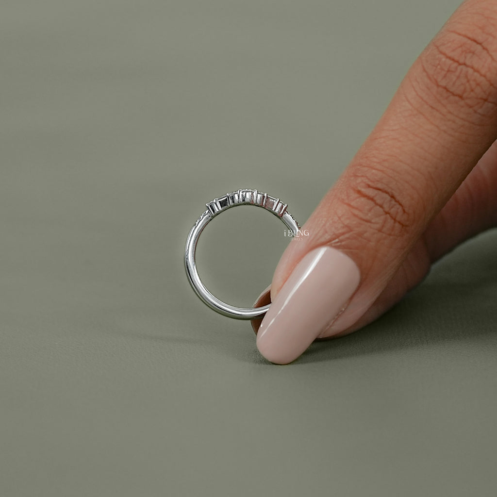 Baguette & Round Lab Diamond Curved Wedding Band