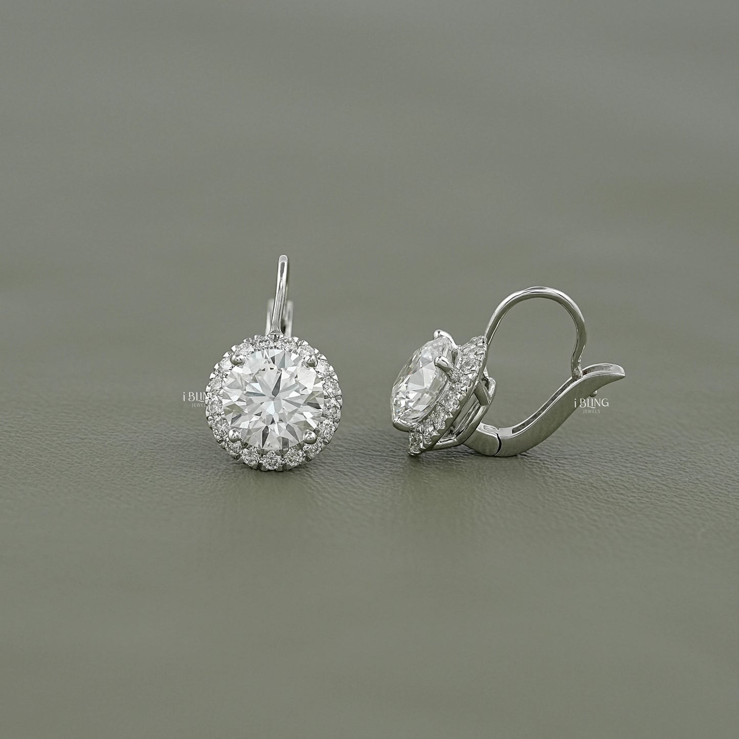 Round Cut Lab Grown Halo Lever Back Earrings