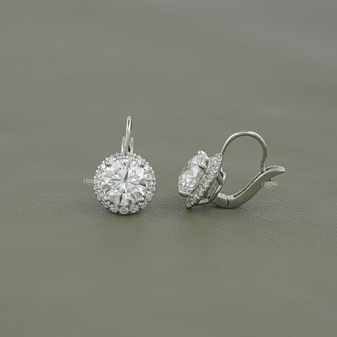 Round Cut Lab Grown Halo Lever Back Earrings