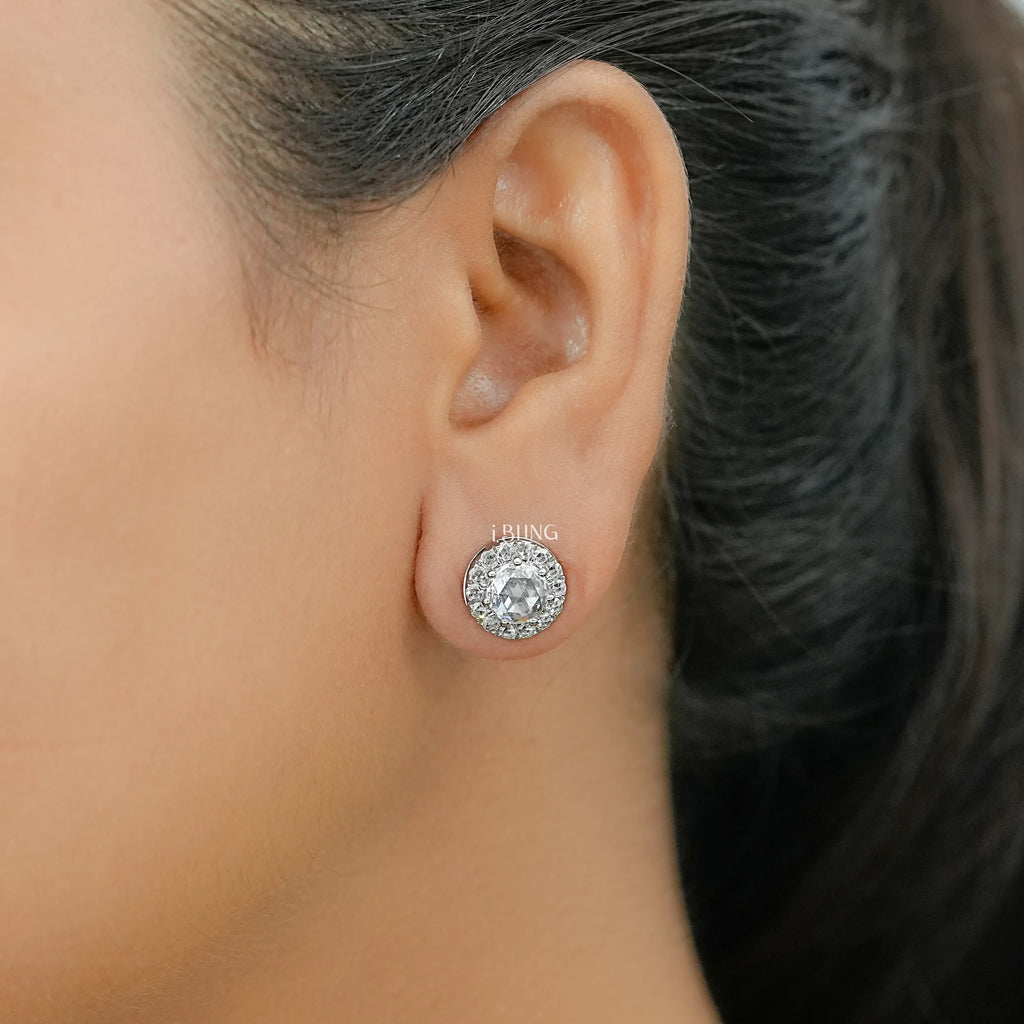 Round Rose Cut Diamond Halo Stud Earrings