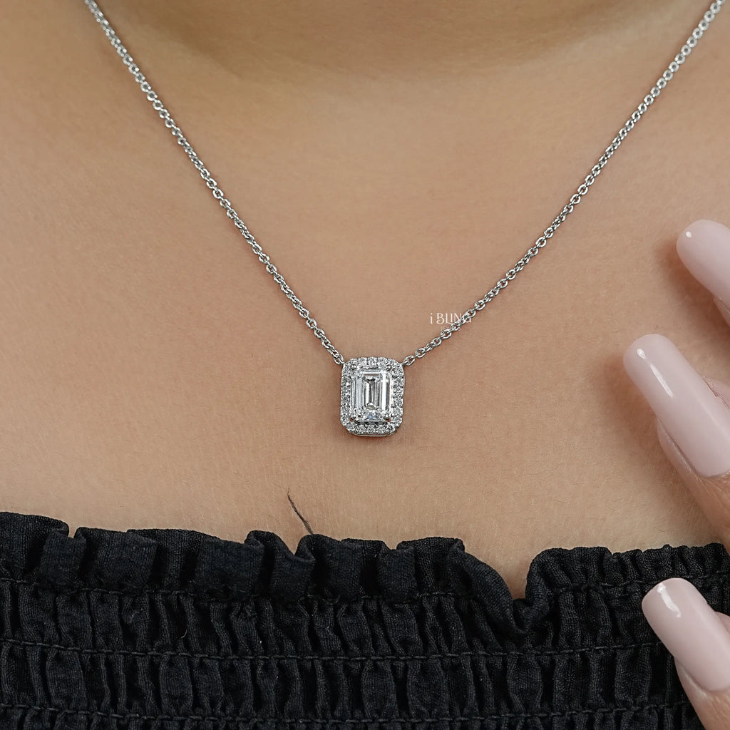 Emerald Cut Diamond Halo Pendant