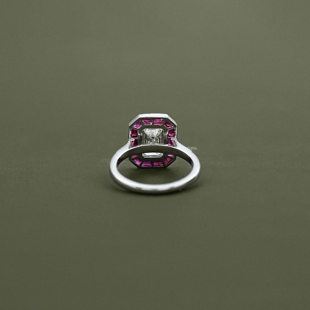 Ruby Tapered Baguette Halo Gemstone Engagement Ring