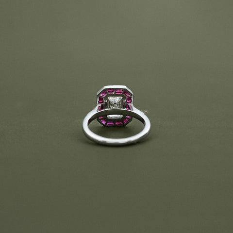 Ruby Tapered Baguette Halo Gemstone Engagement Ring