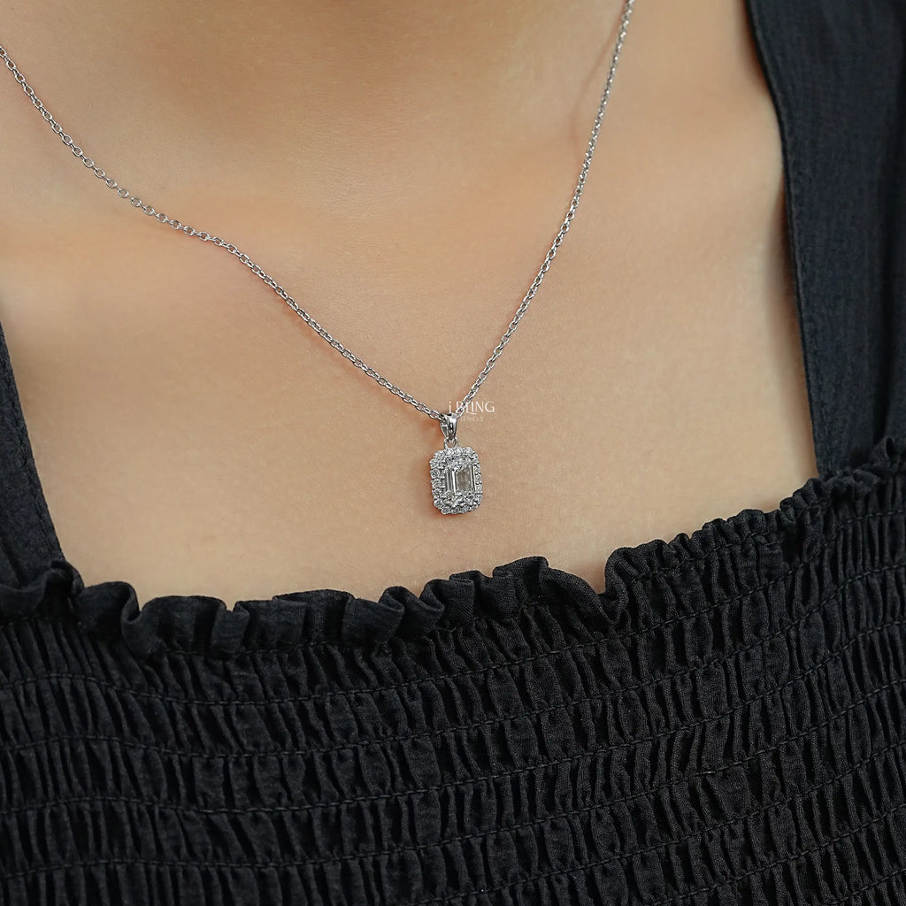 Emerald Cut Lab Grown Diamond Halo Necklace