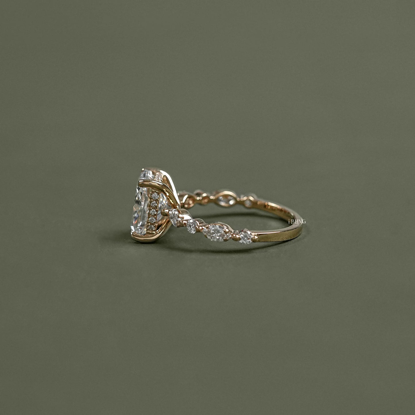Side view of Halo Accent Diamond Ring with a Cushion Cut center stone crafted for wedding proposals