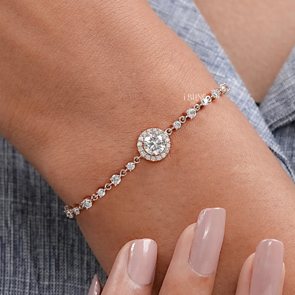 Round Cut CVD Diamond Halo Linked Bridal Bracelet