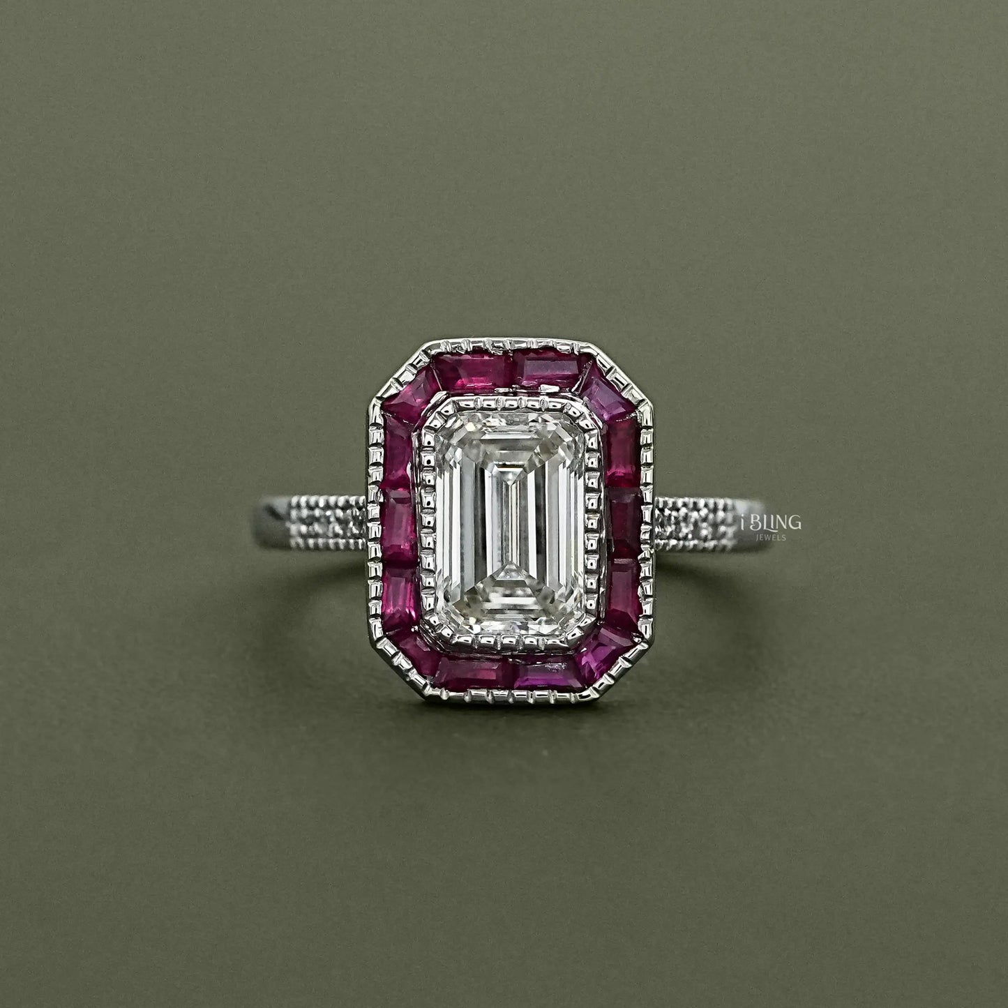 Ruby Tapered Baguette Halo Gemstone Engagement Ring Halo Ring