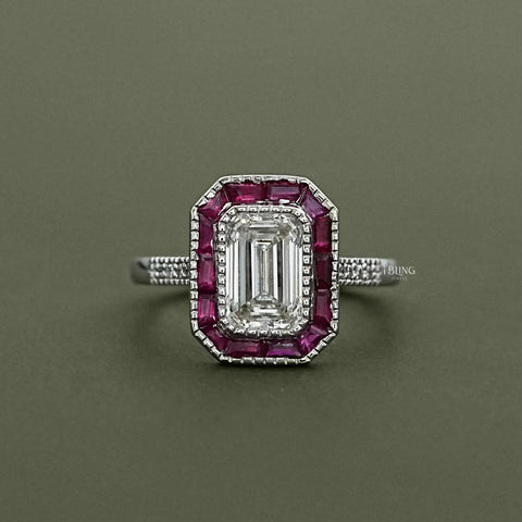 Ruby Tapered Baguette Halo Gemstone Engagement Ring