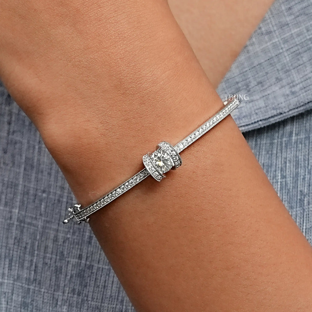 Round Cut Lab Diamond Milgrain Work Bridal Bangle