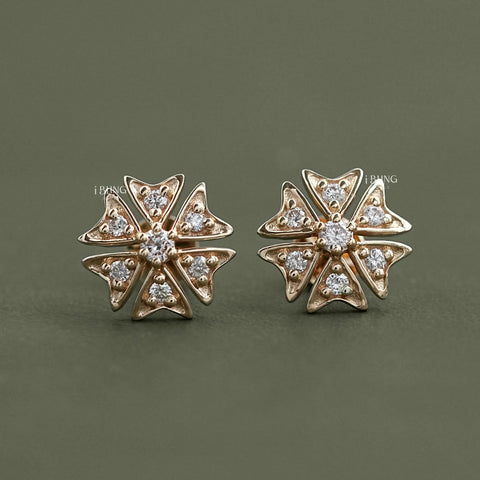 Tiny Round Cut Lab Diamond Floral Shape Stud Earrings