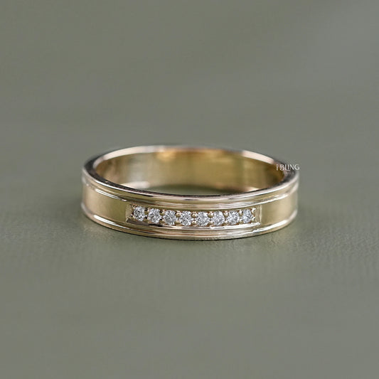 Front view of iBling Jewels mens wedding band with diamonds in a brushed gold finish.